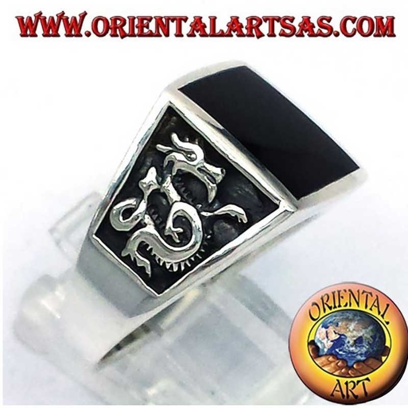 Anello Onice Quadrata con Drago Altorilievo Argento 925 Uomo 16x17mm