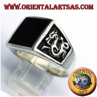 Anello Onice Quadrata Drago Altorilievo Argento 925 - Gioiello Uomo Oriental Art