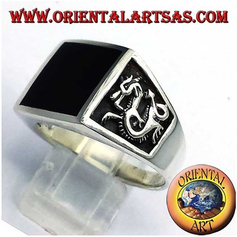 Quadratischer Onyx Drachen Hochrelief Ring 925 Silber - Herrenschmuck Oriental Art