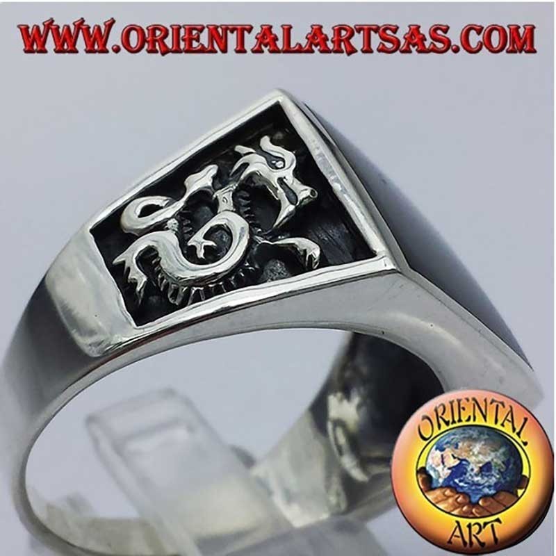 Anello Onice Quadrata con Drago Altorilievo Argento 925 Uomo 16x17mm
