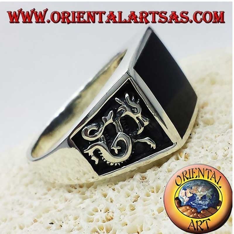 Square Onyx Dragon High Relief Ring 925 Silver Men's | Oriental Art