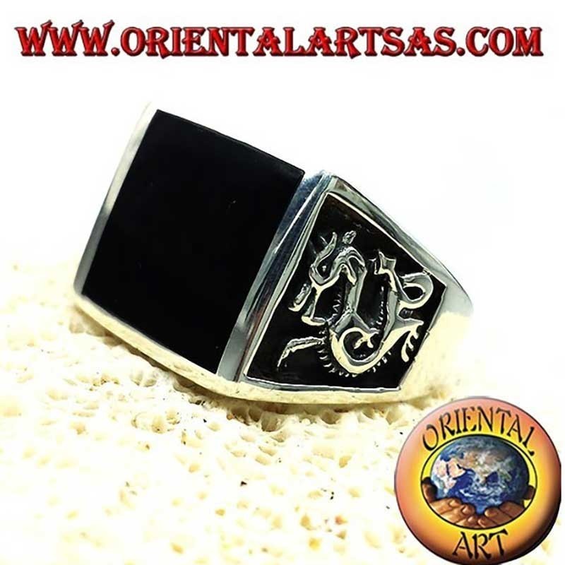Anello Onice Quadrata con Drago Altorilievo Argento 925 Uomo 16x17mm