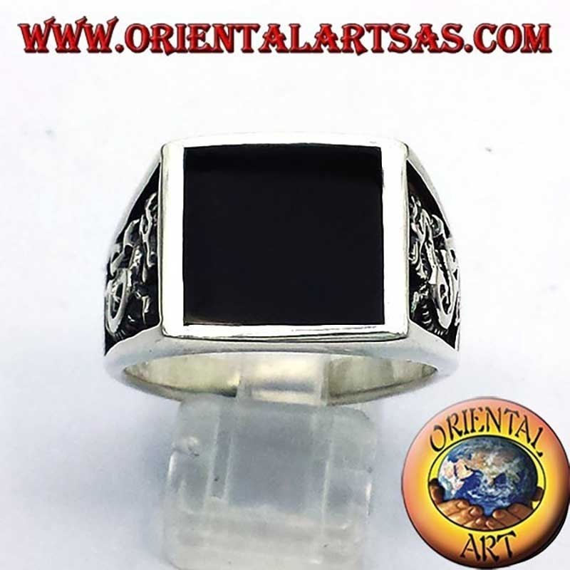 Bague Onyx Carré Dragon Haut-Relief Argent 925 Homme | Oriental Art