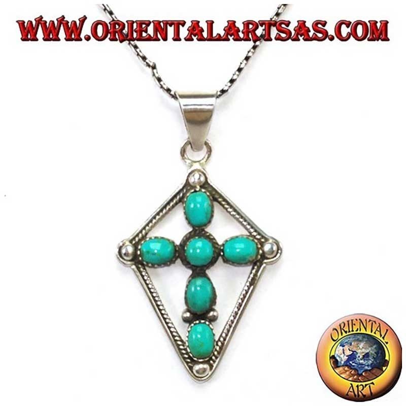 Pendentif Croix Turquoises Ovales Ronde Argent 925 - Bijou Protection Oriental Art