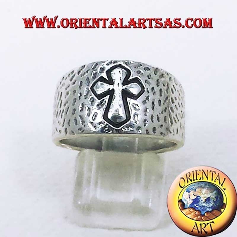 Geschmiedeter Bandring Kreuz Hochrelief 925 Silber 12mm | Oriental Art