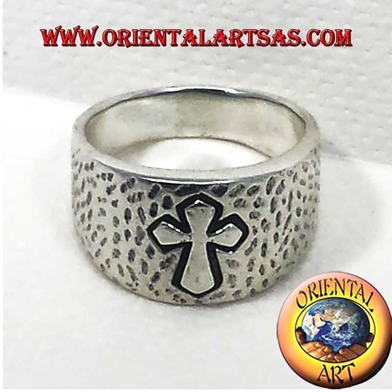 Anillo Banda Martillado Cruz Alto Relieve Plata 925 12mm | Oriental Art