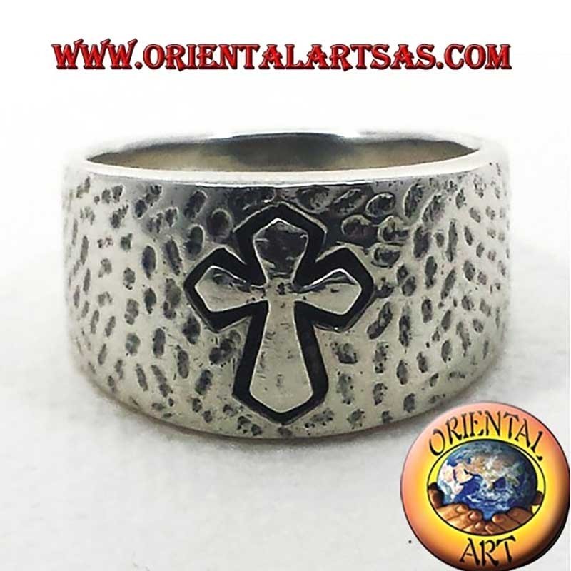 Bague Bande Martelée Croix Haut-Relief Argent 925 12mm | Oriental Art