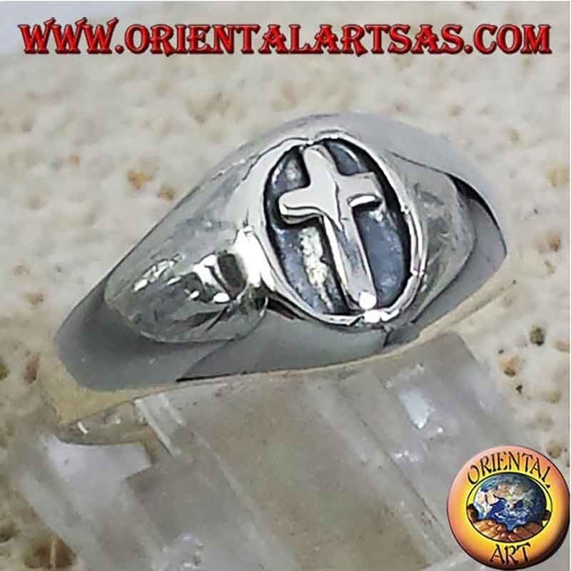 Seal Ring Recessed Cross High Relief 925 Silver - Faith Jewelry Oriental Art