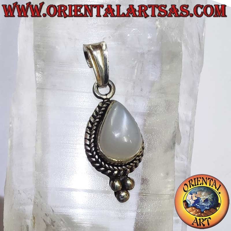 Rara Piedra Luna Gota Trenza Tres Perlas Colgante Plata 925 - Joyería Espiritual Oriental Art