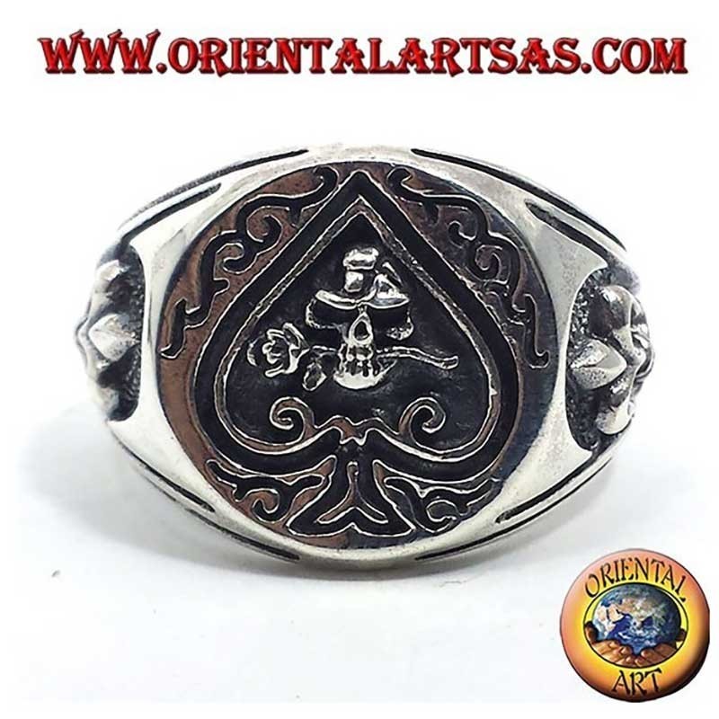 Anello Asso Picche Teschio Rosa Giglio Altorilievo Argento 925 | Oriental Art