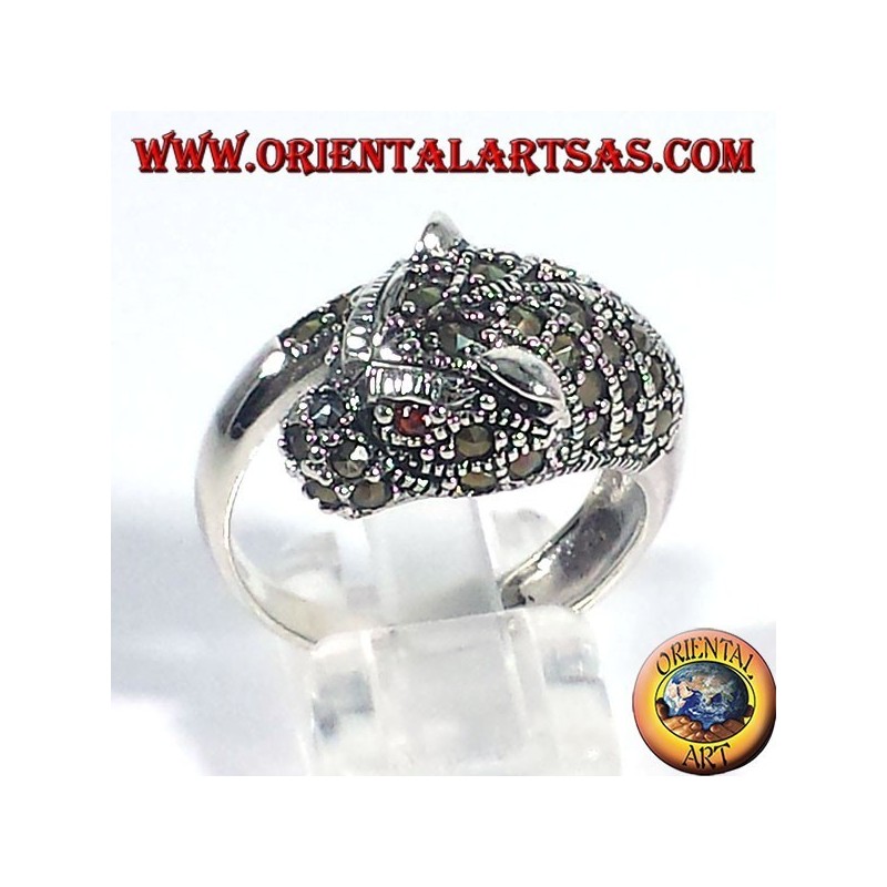 bague en argent, tigre avec marcassite et rubis yeux