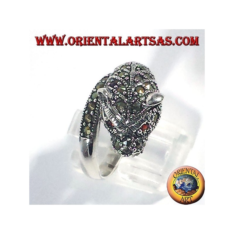 anillo de plata, tigre con marcasita y rubí ojos