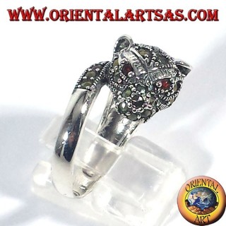 Anillo Tigre Abrazador Marcasita Ojos Rubí Plata 925 - Joyería Tailandia Oriental Art