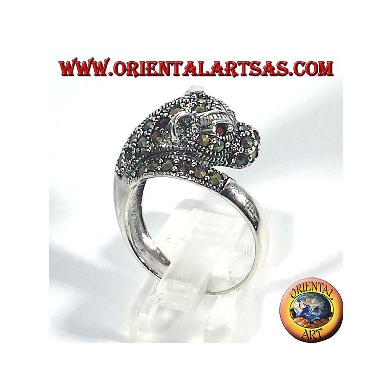 bague en argent, tigre avec marcassite et rubis yeux