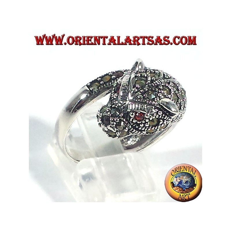 bague en argent, tigre avec marcassite et rubis yeux