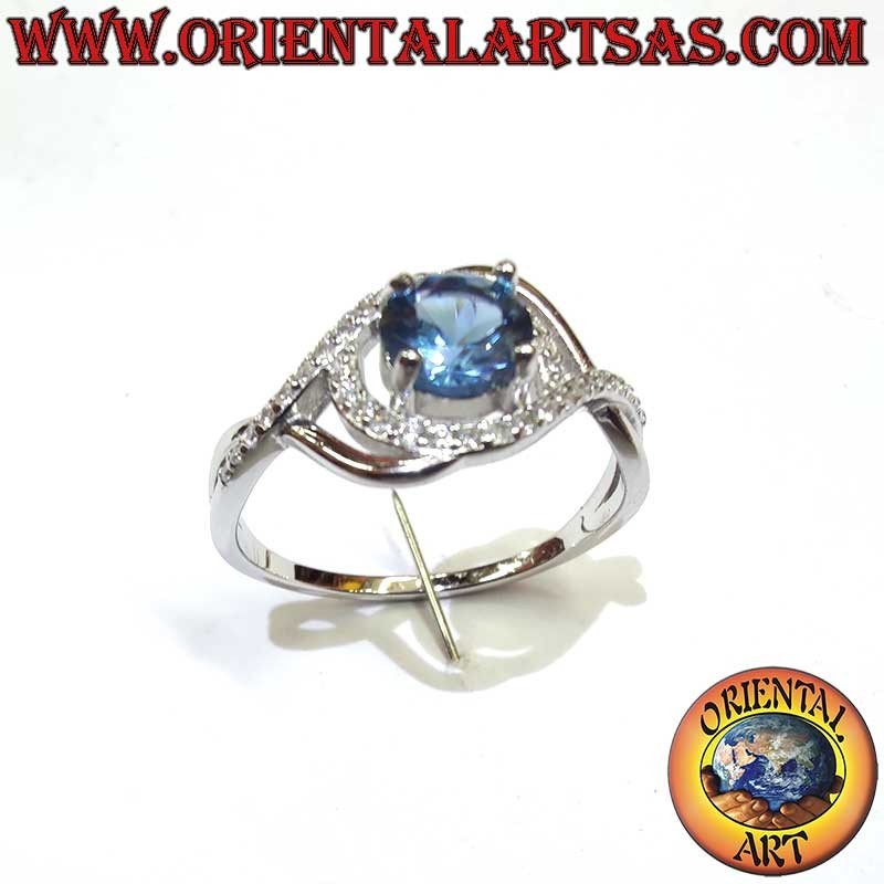 Bague Saphir Synthétique Rond Zircons Asymétriques Argent 925 - Bijou Moderne Oriental Art