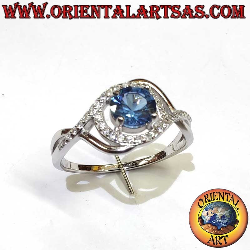 Silver Ring with Round Sapphire and Asymmetrical Zirconia Outline
