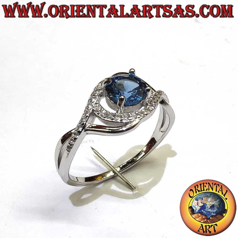 Silver Ring with Round Sapphire and Asymmetrical Zirconia Outline