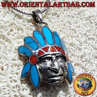 Ciondolo Testa Nativo Americano Copricapo Turchesi Coralli Argento 925 - Gioiello Western Oriental Art