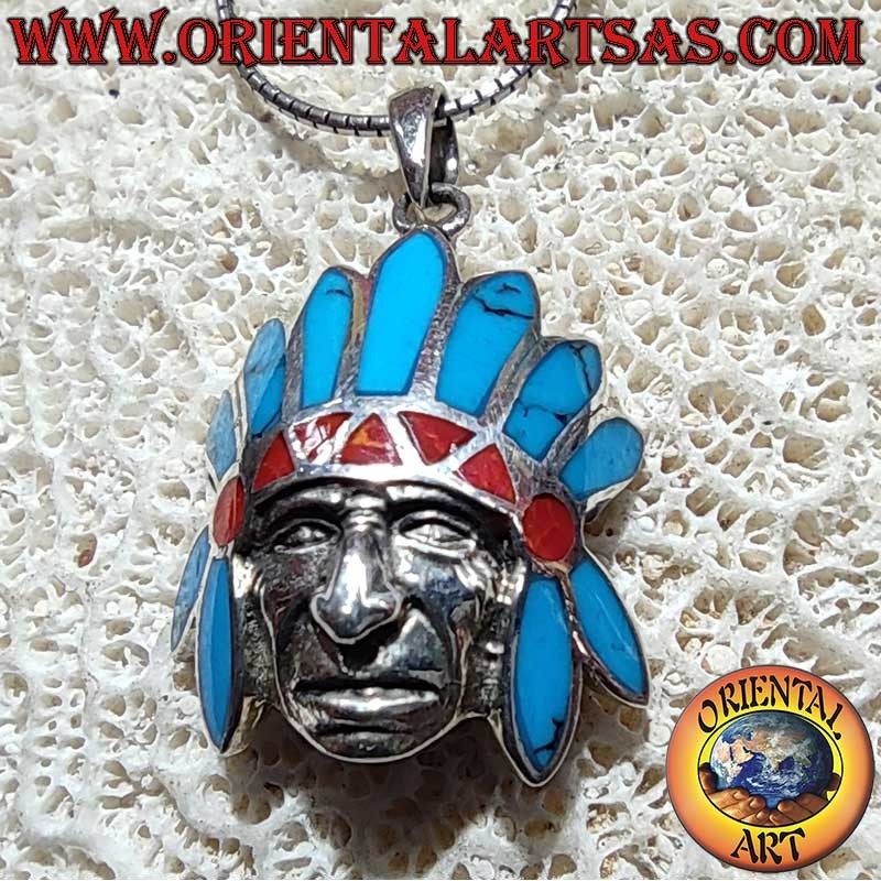 Pendentif Indien Coiffe Plumes Turquoise Corail Argent 925 | Oriental Art