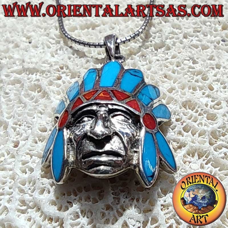 Native American Headdress Turquoise Coral Pendant 925 Silver | Oriental Art