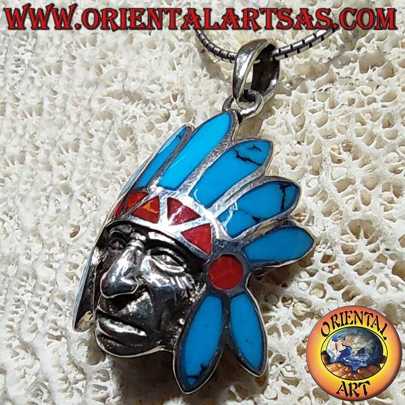 Native American Headdress Turquoise Coral Pendant 925 Silver | Oriental Art