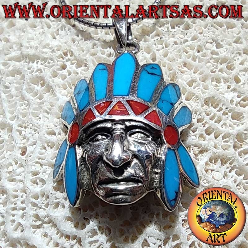 Ciondolo Nativo Americano Copricapo Turchesi Coralli Argento 925