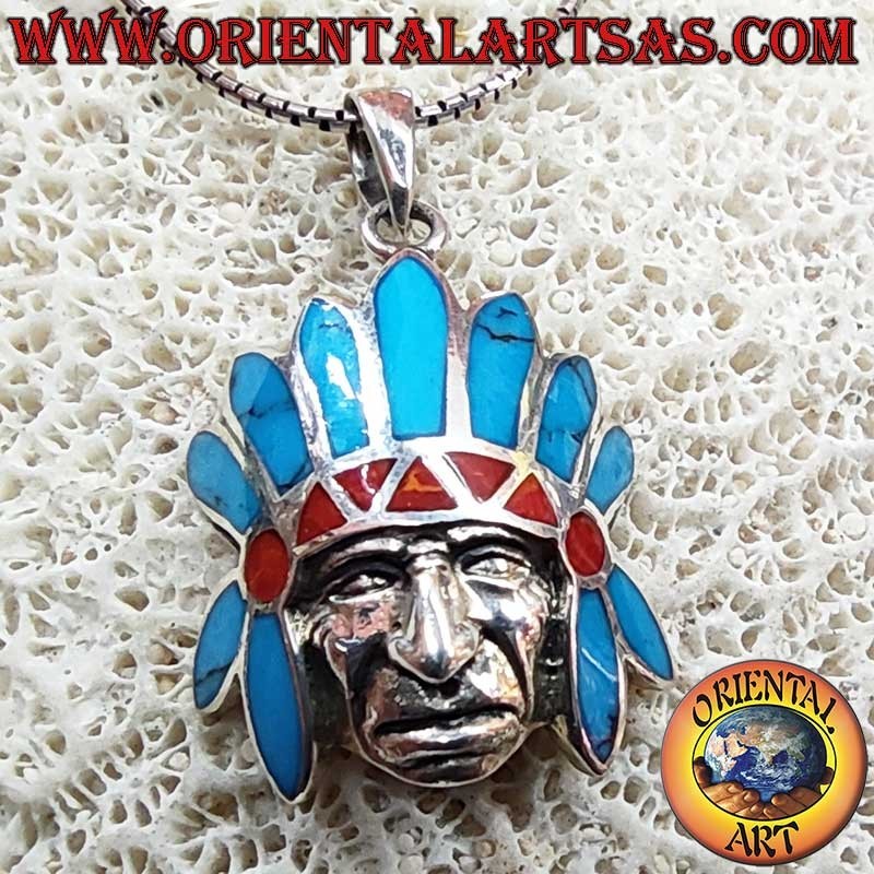 Ciondolo Nativo Americano Copricapo Turchesi Coralli Argento 925