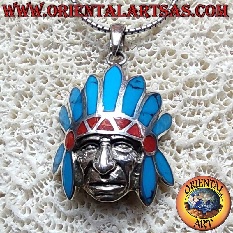 Ciondolo Nativo Americano Copricapo Turchesi Coralli Argento 925