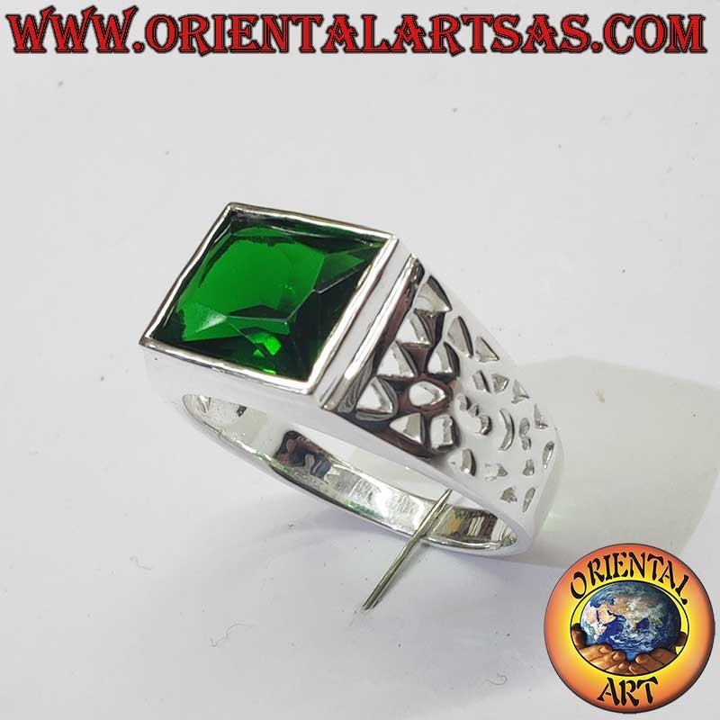 Men's Synthetic Emerald Geometric Openwork Ring 925 Silver | Oriental Art