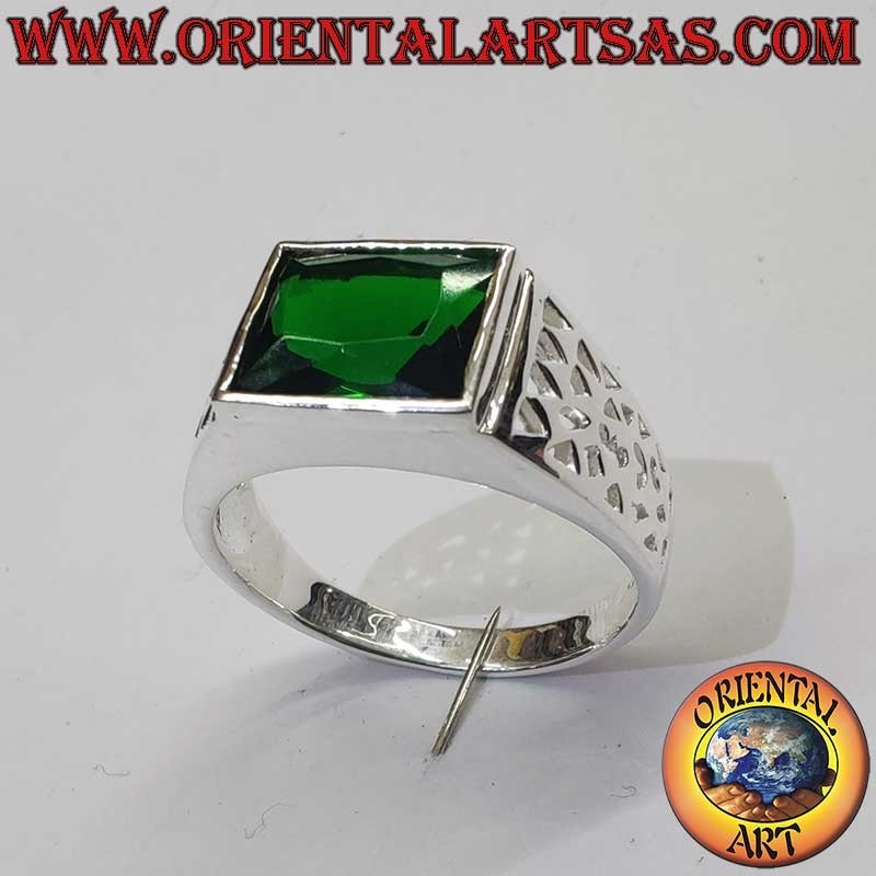 Bague Homme Émeraude Synthétique Ajours Géométriques Argent 925