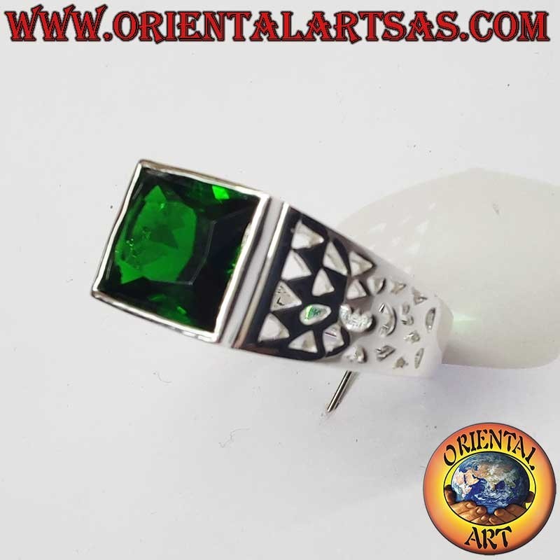 Bague Homme Émeraude Synthétique Ajours Géométriques Argent 925