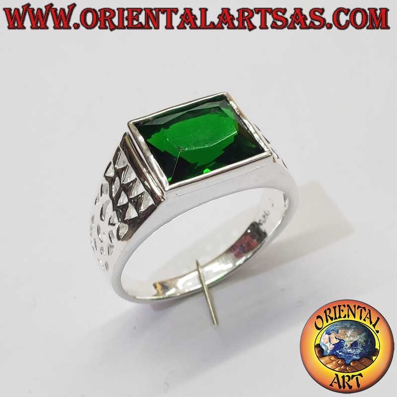 Anillo Hombre Esmeralda Sintética Calados Geométricos Plata 925 | Oriental Art