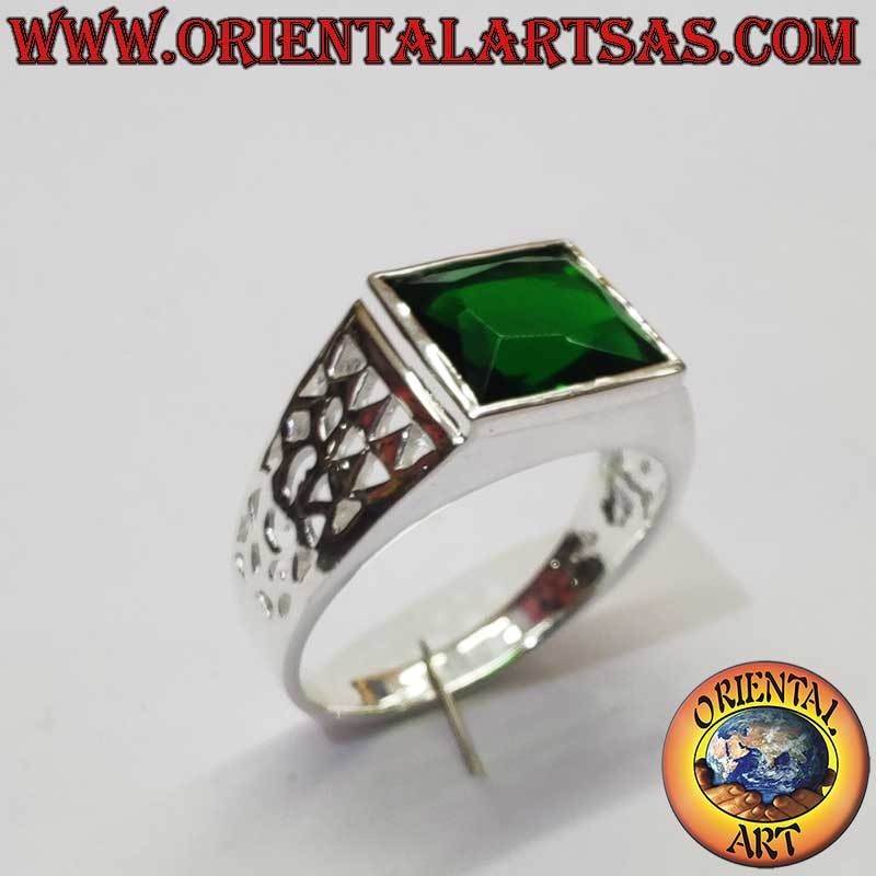Anello Uomo Smeraldo Sintetico Rettangolare Intagliato Argento 925