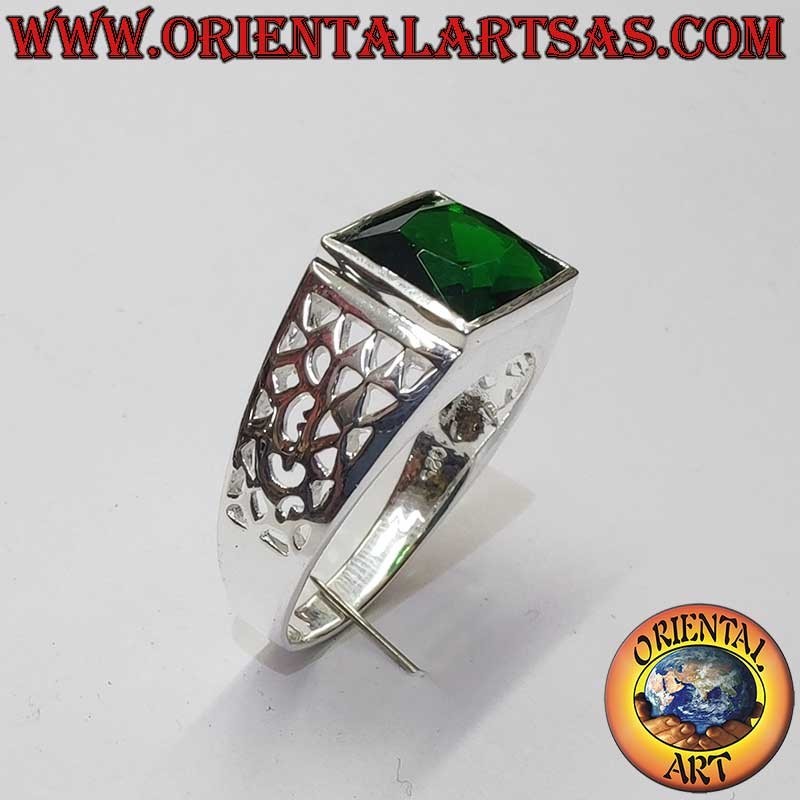 Herrenring Synthetischer Smaragd Geometrische Durchbrüche 925 Silber