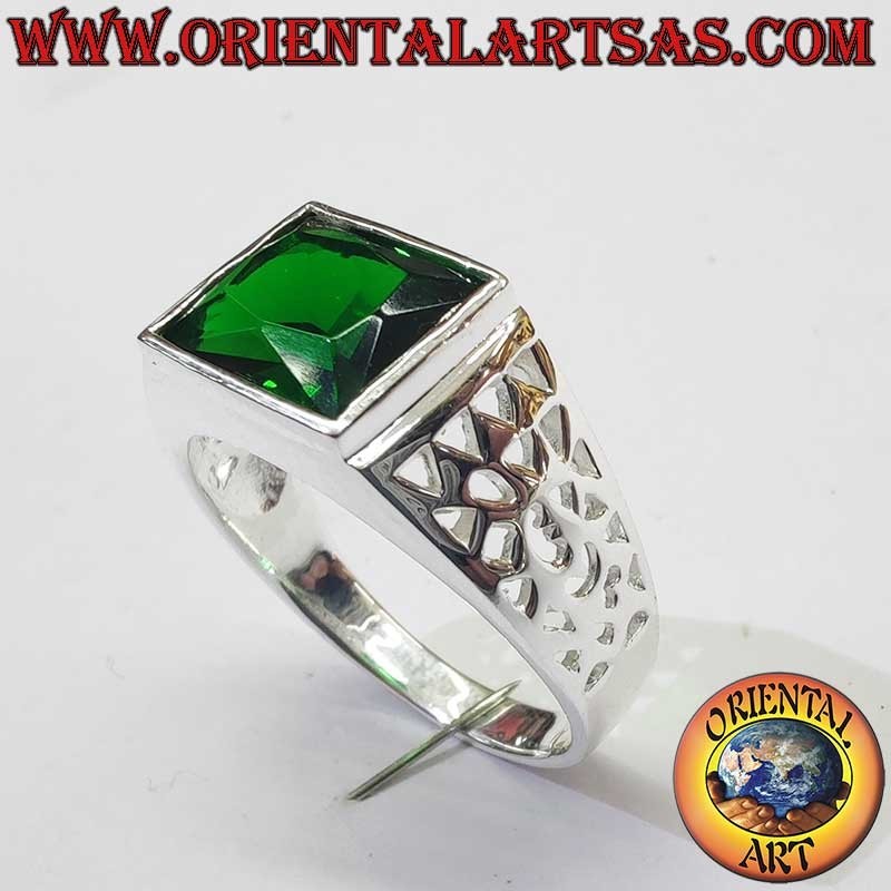 Anillo Hombre Esmeralda Sintética Calados Geométricos Plata 925 | Oriental Art