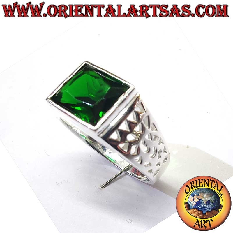 Anello Uomo Smeraldo Sintetico Rettangolare Intagliato Argento 925