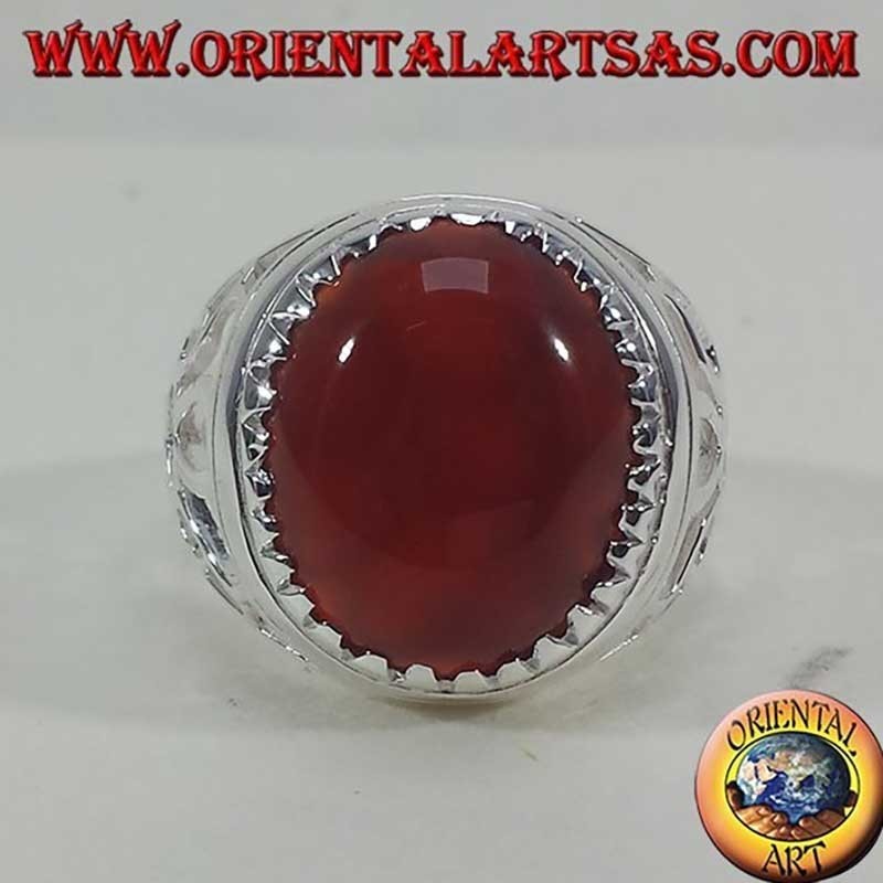 Men's Oval Carnelian Triangles Ring 925 Silver 14x16mm | Oriental Art