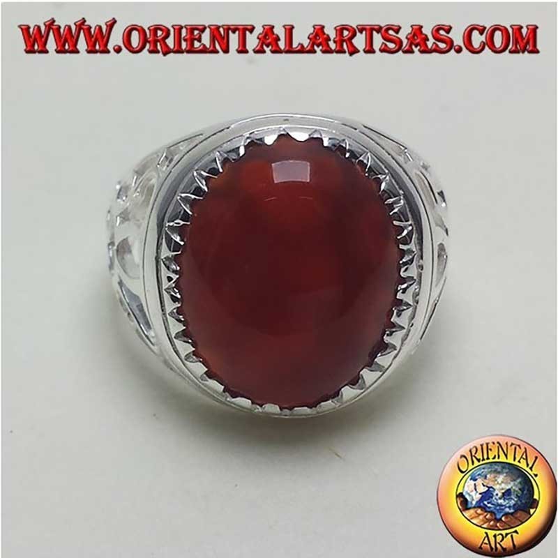 Bague Homme Cornaline Ovale Triangles Argent 925 14x16mm | Oriental Art