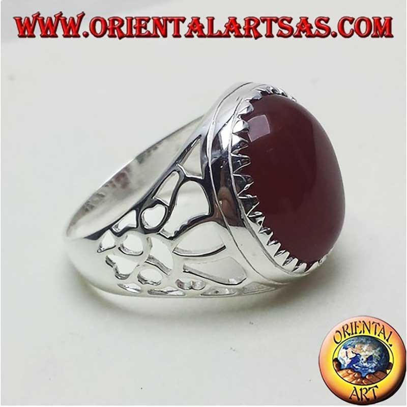 Bague Homme Cornaline Ovale Triangles Argent 925 14x16mm | Oriental Art