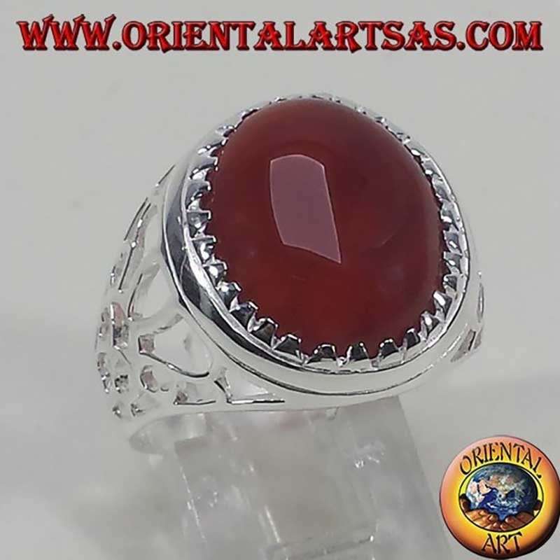 Men's Oval Carnelian Triangles Ring 925 Silver 14x16mm | Oriental Art