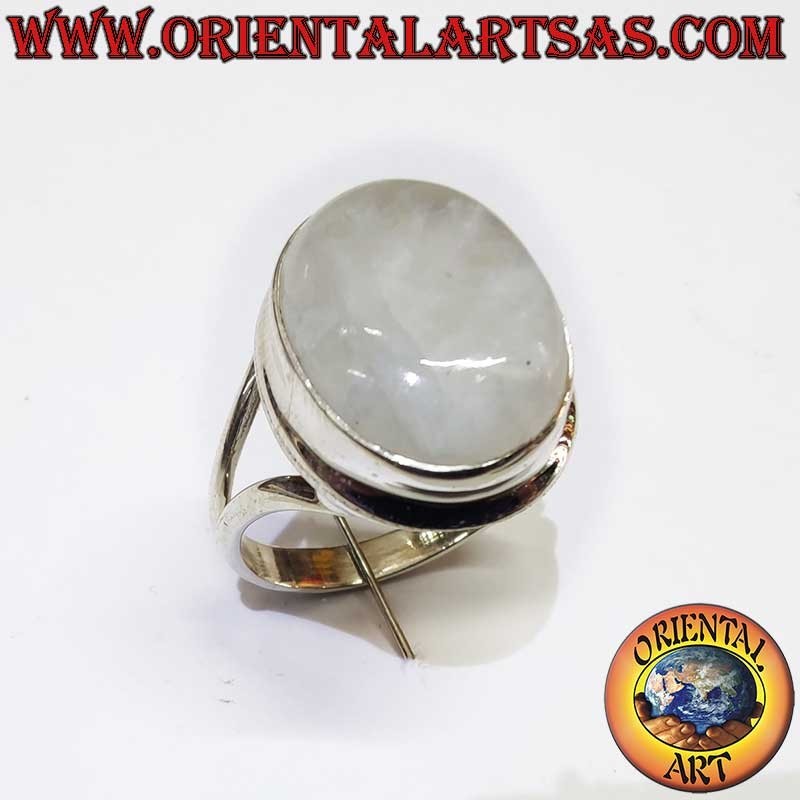 Anello Pietra Luna Arcobaleno Ovale Montatura V Argento 925 13x16mm | Oriental Art