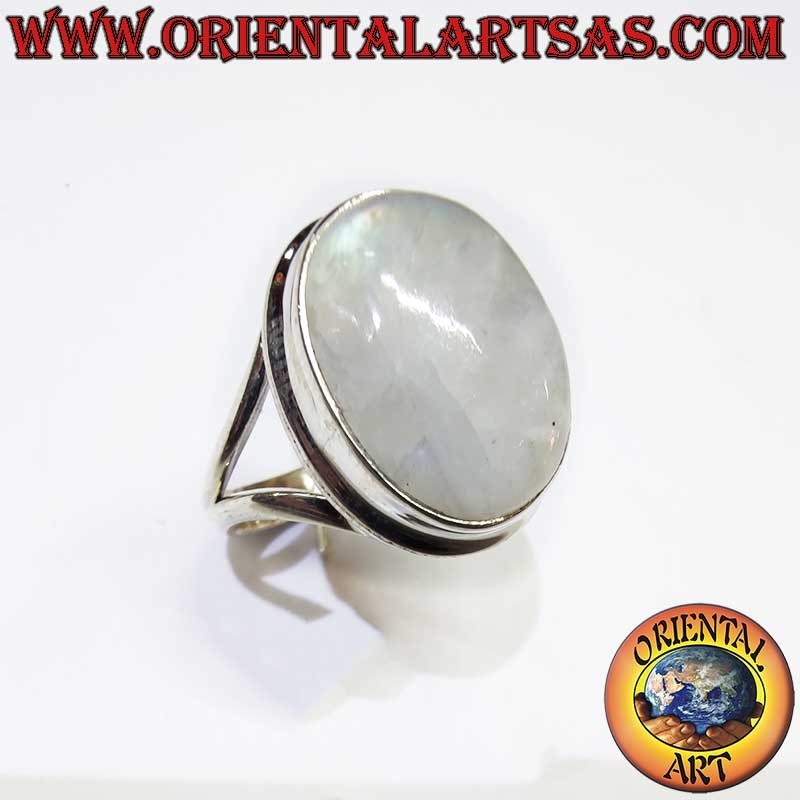 Ovaler Regenbogen-Mondstein V-Fassung Ring 925 Silber - Magischer Schmuck Oriental Art