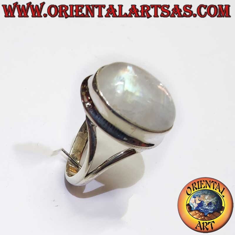 Bague Pierre Lune Arc-en-Ciel Ovale Monture V Argent 925 13x16mm | Oriental Art