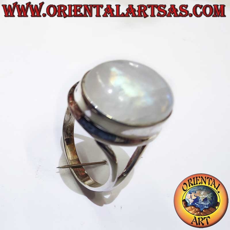 Anello Pietra Luna Arcobaleno Ovale Montatura V Argento 925 13x16mm | Oriental Art