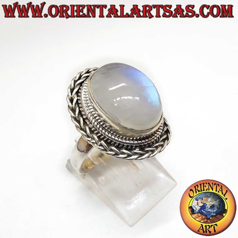 Anello Pietra Luna Arcobaleno Treccia Argento 925 12x16mm | Oriental Art