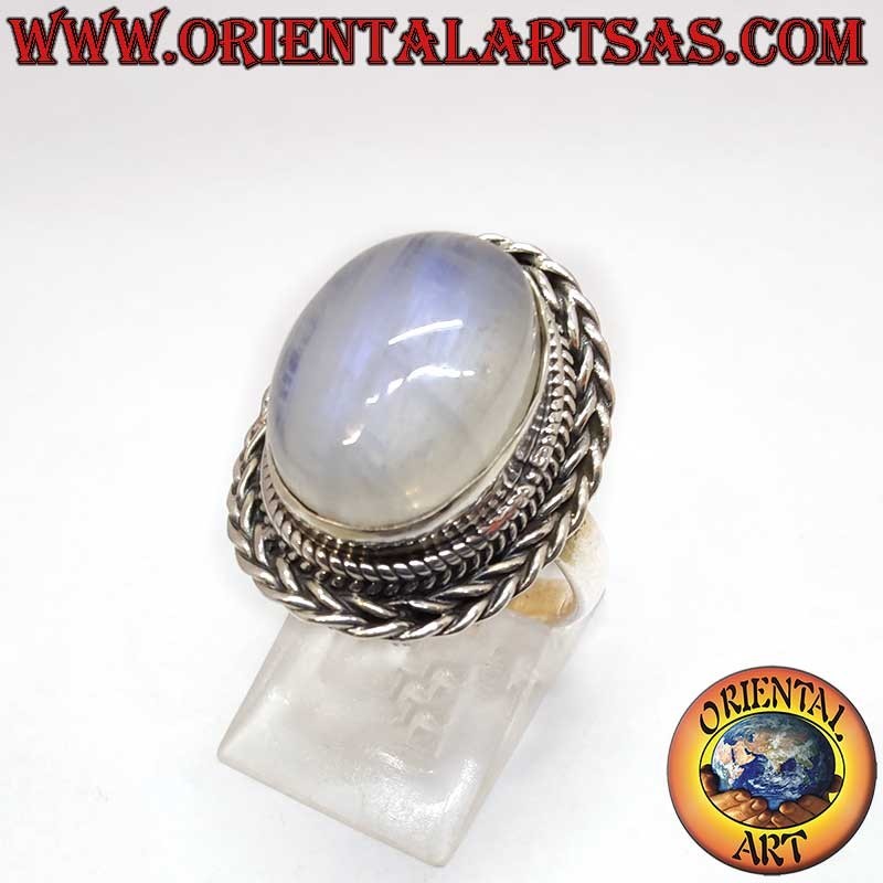 Anello Pietra Luna Arcobaleno Treccia Argento 925 12x16mm | Oriental Art