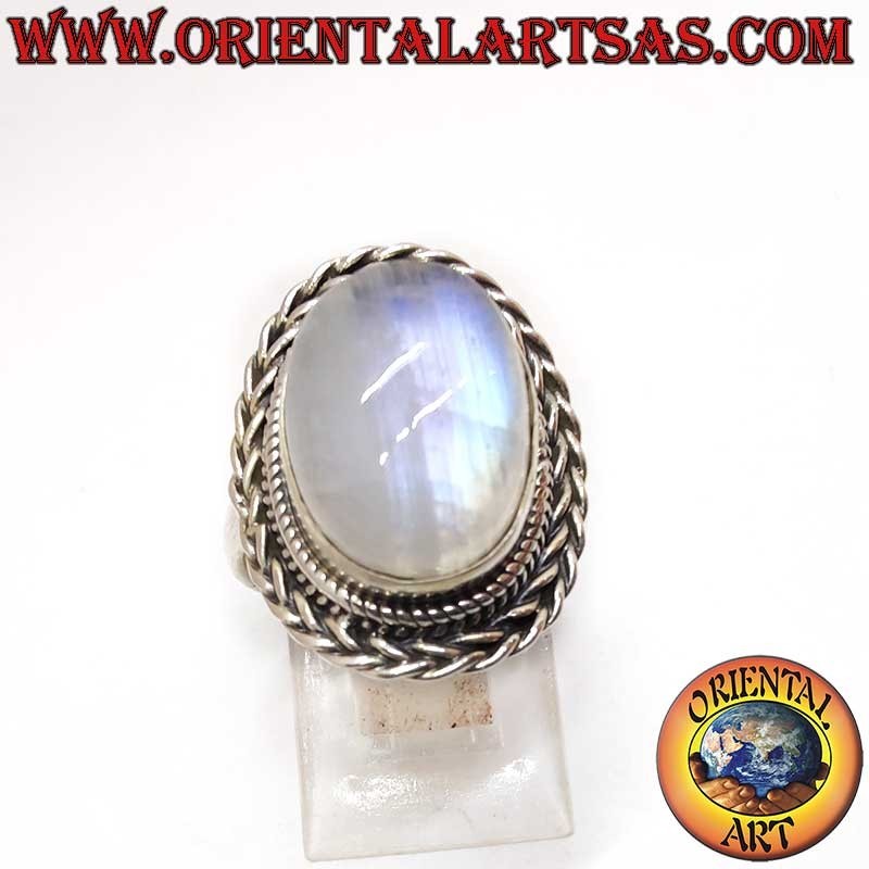 Bague Pierre Lune Arc-en-Ciel Ovale Tressée Argent 925 12x16mm | Oriental Art