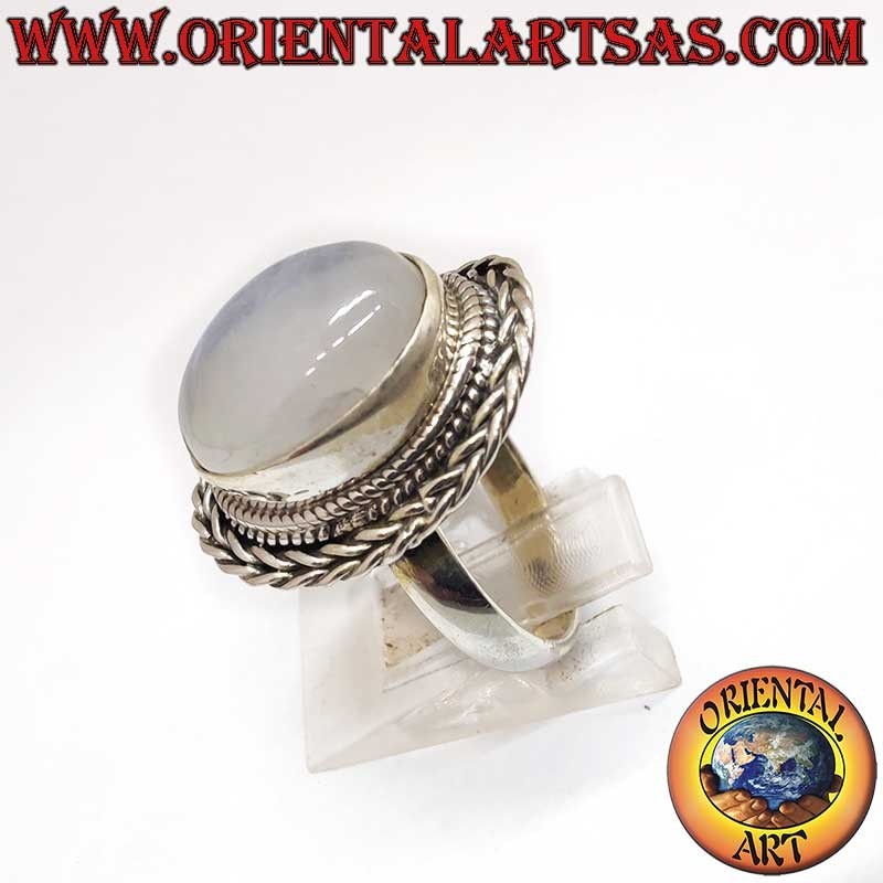 Anello Pietra Luna Arcobaleno Treccia Argento 925 12x16mm | Oriental Art
