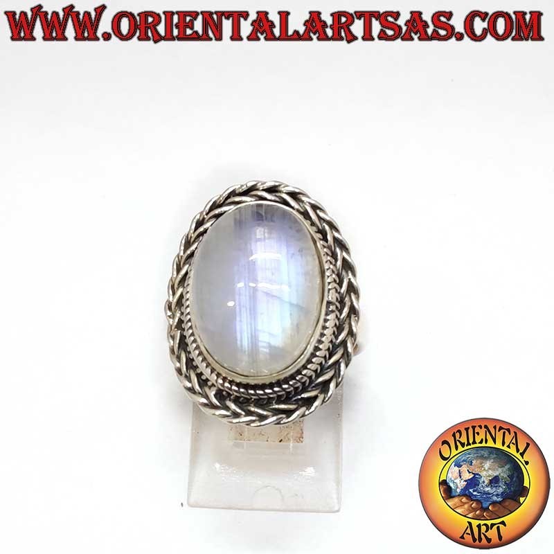 Bague Pierre Lune Arc-en-Ciel Ovale Tressée Argent 925 12x16mm | Oriental Art